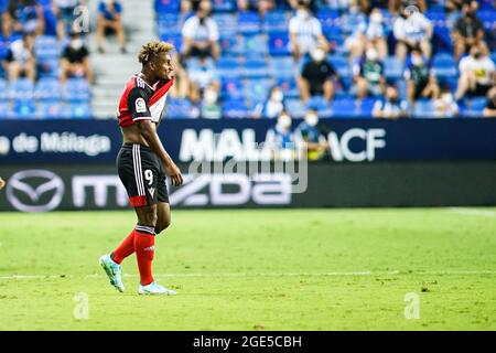 Malaga, Spanien. August 2021. Hassem Hassan von CD Mirandes gesehen während des Fußballmatches der La Liga Smartbank 2021/2022 zwischen Malaga CF und CD Mirandes im La Rosaleda Stadium in Malaga.(Endnote; Malaga CF 0:0 CD Mirandes) Credit: SOPA Images Limited/Alamy Live News Stockfoto