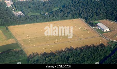 Luftaufnahme eines landwirtschaftlichen Feldes mit gewalztem Heu in Belgien. Stockfoto