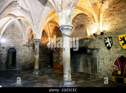 Innenkorridore und Zimmer im Schloss Gravensteen in Gent, Belgien. Stockfoto