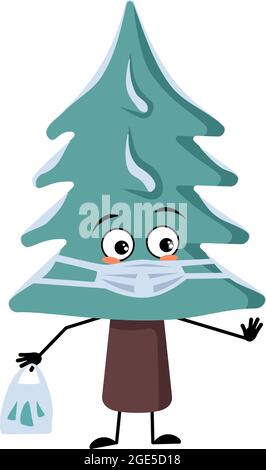Niedlicher Weihnachtsbaum mit traurigen Emotionen, Gesicht und Maske halten Abstand, Hände mit Einkaufstasche und Stop-Geste. Kiefer mit Augen. Neujahr festliche Dekoration, fröhliche Tanne Stock Vektor