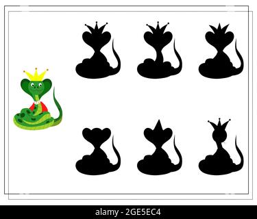 Ein logisches Spiel für Kinder, finden Sie den richtigen Schatten. Nette Cartoon-Schlange in einer Krone, Vektor isoliert auf einem weißen Hintergrund. Stock Vektor