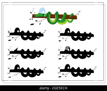 Ein logisches Spiel für Kinder, finden Sie den richtigen Schatten. Cute Cartoon Schlange schlafen auf einem Baum, Vektor isoliert auf einem weißen Hintergrund. Stock Vektor