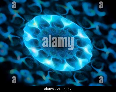 Leuchtendes Blau futuristische neue Technologie, Tiefenschärfe, computergenerierter abstrakter Hintergrund, 3D-Rendering Stockfoto