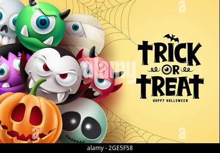 Halloween Charakter Vektor Hintergrund-Design. Happy halloween Trick or Treat Text mit gruseligen, gruseligen und gruseligen Maskottchen-Figuren in niedlichen Gesichts Stock Vektor
