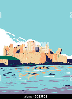 Art Deco- oder WPA-Plakat von Caerphilly Castle und Graben im Brecon Beacons National Park, Caerphilly, South Wales, Großbritannien, in Works-Projekt durchgeführt Stock Vektor