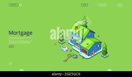 Hypothek isometrische Landing Page mit Cottage House Stock Vektor