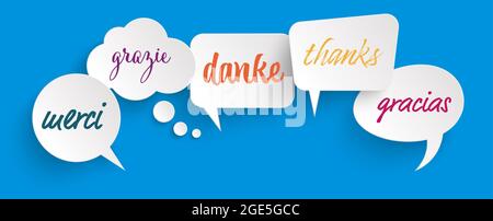EPS 10 Vektordarstellung von farbigen Sprechblasen Reihe an Blauer Hintergrund mit Begrüßungstext „ Danke “ in verschiedenen Sprachen Stock Vektor