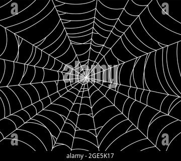 Beängstigendes Spinnennetz. Weiße Spinnweben Silhouette isoliert auf schwarzem Hintergrund. Handgezeichnetes Banner mit Spinnennetz für Halloween-Party. Vektorgrafik Stock Vektor