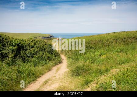 Der Fußweg in Feldern führt hinunter zum abgelegenen Polly Joke Porth Joke an der Küste bei Newquay in Cornwall. Stockfoto