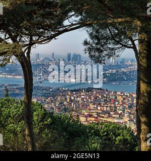 Blick vom Hügel, Bueyuek Camlica Park der Stadt Istanbul auf dem Bosporus, Brücke und Skyline, Camlica, Istanbul, Türkei Stockfoto