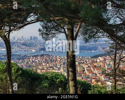 Blick vom Hügel, Bueyuek Camlica Park der Stadt Istanbul auf dem Bosporus, Brücke und Skyline, Camlica, Istanbul, Türkei Stockfoto