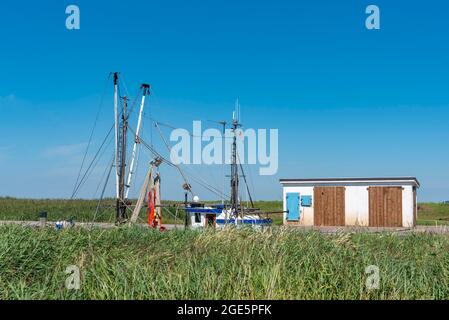 Mastaufbau eines Krabbenschneiders im Naturhafen, Spieka, Niedersachsen, Deutschland Stockfoto