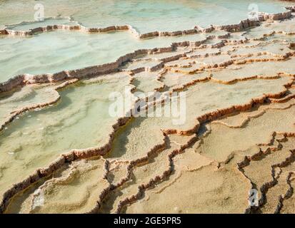 Sinterterrassen, heiße Quellen, türkisfarbenes Wasser, orange Mineralvorkommen, Palette Springs, Obere Terrassen, Mammoth Hot Springs, Yellowstone National Stockfoto