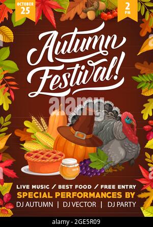 Thanksgiving Herbstfestival Flyer, Cartoon truthahn Vogel und Herbsternte. Vektor-Einladung Vorlage zur Party-Feier mit Kürbiskuchen, Ernte und Stock Vektor