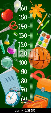 Cartoon Schule Schreibwaren Kinder Höhe Chart. Kinderwachstumsmaß, Kinder Größe Zentimeter Skala Lineal mit Laborkolben und roten Apfel, Blätter, Hintern Stock Vektor