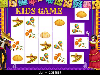 Dia de los Muertos Tag Sudoku-Spiel, Vektor Kinder Bildung Block Puzzle. Spiel Lernspiel, Rätsel und Aufmerksamkeit Test mit Day of the Dead Mexican Stock Vektor
