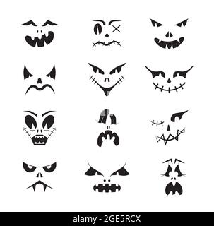 Grusel Halloween Gesichter Vektor-Set. Halloween Kürbis oder Geistergrimaces. Schreckliche Augen und Mund mit einer Silhouette Stil. Emotionen von Skeletten für Make Stock Vektor