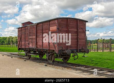 Güterwagen im Konzentrationslager Auschwitz II-Birkenau, Oswiecim, Polen Stockfoto