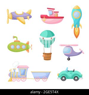 Sammlung von niedlichen Cartoon Transport. Set von Fahrzeugen für die Gestaltung von Kinderbuch, Album, Babydusche, Grußkarte, Party-Einladung, Haus Interio Stock Vektor