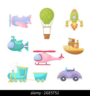 Set von niedlichen Cartoon Transport. Sammlung von Fahrzeugen für die Gestaltung von Kinderzimmern, Kleidung, Album, Karte, Babydusche, Geburtstagseinladung, Haus interio Stock Vektor