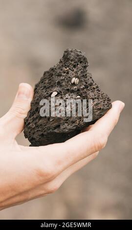 Die Hand einer jungen Frau, die einen vulkanischen Stein hält Stockfoto