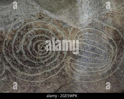 Rock Gravur auf Neolithischen passage Grave, Knowth, UNESCO-Weltkulturerbe, prehstoric Bru Na Boinne, Irland Stockfoto