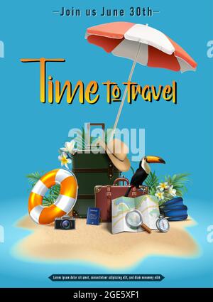 Vector Sommer Verkauf Banner Vorlage. Vertikale Ausrichtung mit Gepäck, Regenschirm, Hut, Lebenskreis, Karte, Kamera auf dem Sandiland. Reise Touristenkonce Stock Vektor