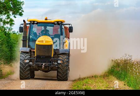 Ein gelber Traktor, der einen Anhänger schleppt, rast auf einer schmalen Feldbahn und kartiert zur Erntezeit Mais und wirft eine Staubwolke dahinter auf Stockfoto