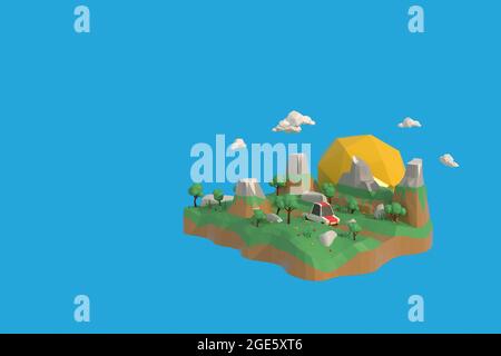 3D-Illustrator der Sonnenuntergang auf dem Land, ein Auto fahren auf der Straße. 3d-Rendering niedrige Polygongeometrie. Lowpoly Minimal Style Art. Stockfoto