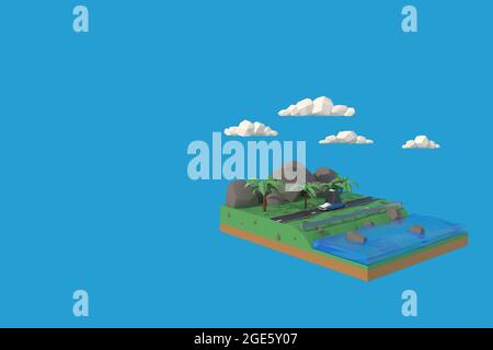 3D-Illustrator das Auto läuft auf der Straße. 3d-Rendering niedrige Polygongeometrie. Lowpoly Minimal Style Art. Stockfoto