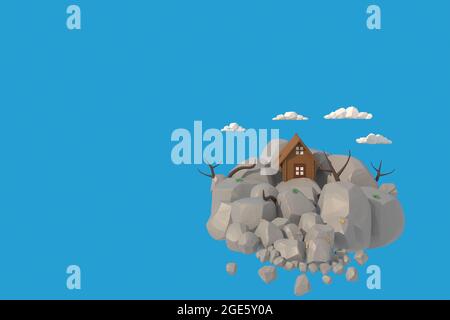 3D-Illustrator das Haus auf felsigen Berg. 3d-Rendering niedrige Polygongeometrie. Lowpoly Minimal Style Art. Stockfoto
