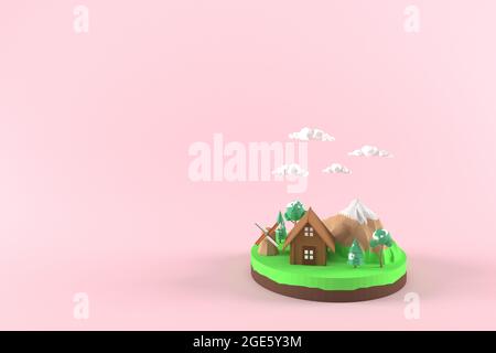 3D-Illustrator Landhaus mit Windmühle. 3d-Rendering niedrige Polygongeometrie. Lowpoly Minimal Style Art. Stockfoto