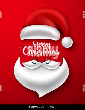 weihnachtsmann Element Vektor-Design. Fröhlicher weihnachtstext mit weihnachtsmann-Hut, Bart, Schnurrbart und Brille-Element auf rotem Hintergrund für kreative Ideen. Stock Vektor