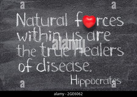 Natürliche Kräfte in uns sind die wahren Heiler der Krankheit - altgriechischer Arzt Hippokrates Zitat geschrieben auf Tafel mit rotem Herz Symbol Stockfoto