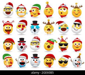 Weihnachts-Smileys-Zeichen-Vektor-Set. Weihnachtszeichentrickfigur wie weihnachtsmann, Schneemann, Elf und Smiley in verschiedenen Gesichtsausdruck. Stock Vektor