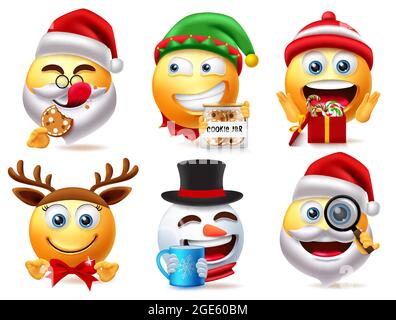 Weihnachten Smiley 3d Zeichen Vektor-Set. Weihnachtsfigur wie weihnachtsmann, Elfe und Schneemann beim Essen, Trinken und Überraschen des Gesichtsausdrucks. Stock Vektor
