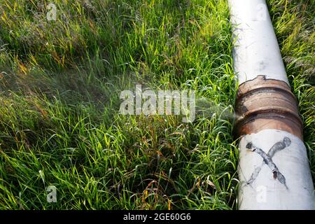 Undichtes Wasserrohr mit Jet from Hole am Außenfeld. Stockfoto