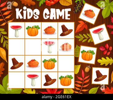 Kinder Sudoku Spiel mit Danksageund Herbst-Objekte. Vektor-Rätsel mit Cartoon-Pilz, Hut, Kürbis und Kuchen auf karierten Feld des Brettspiels. Edu Stock Vektor
