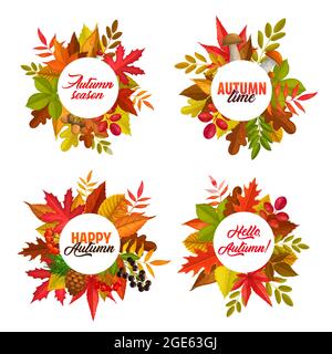 Herbst Saison Vektor runde Rahmen mit gefallenen Blättern aus Ahorn, Eberesche und Kastanie, Eiche und Birken. Herbstliche Banner mit Pilzen, Tannenzapfen, f Stock Vektor