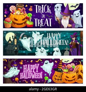 Halloween Trick or Treat Banner mit Kürbis, Süßigkeiten und Geistern. Jack o Laterne mit Süßigkeiten, Zauberer mit Zauberstab und Hexe mit Besen Cartoon V Stock Vektor