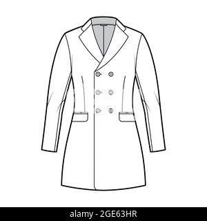 Taillierte Jacke zweireihiger Anzug technische Mode-Illustration mit langen Ärmeln, gekerbtem Reverskragen, Pattentaschen, Fingerspitzenlänge. Flache Blazer-Mantelvorlage vorne, weiß. Frauen, Männer CAD Stock Vektor