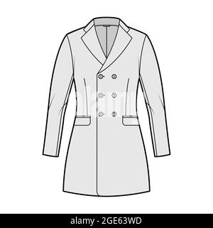 Taillierte Jacke zweireihiger Anzug technische Mode-Illustration mit langen Ärmeln, gekerbtem Reverskragen, Pattentaschen, Fingerspitzenlänge. Flatfront-Blazer-Mantelvorlage, grau. Frauen, Männer CAD Stock Vektor