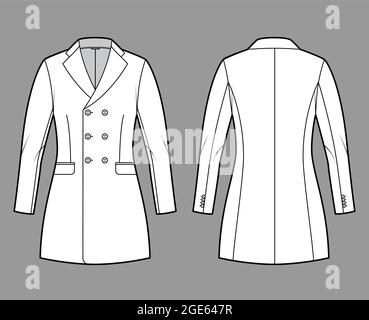 Taillierte Jacke zweireihiger Anzug technische Mode-Illustration mit langen Ärmeln, gekerbtem Reverskragen, Pattentaschen, Fingerspitzenlänge. Flache Mantelschablone vorne, hinten, weiß. Frauen, Männer CAD Stock Vektor