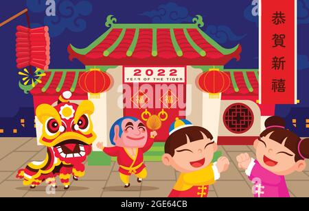 Banner zum chinesischen Neujahr 2022. Kinder- und Löwentanz mit traditionellem chinesischen Haushintergrund. Federreiher oben. Stock Vektor