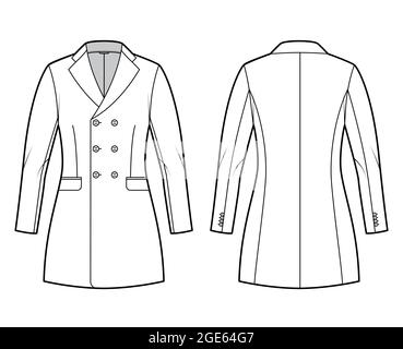 Taillierte Jacke zweireihiger Anzug technische Mode-Illustration mit langen Ärmeln, gekerbtem Reverskragen, Taschen, Fingerspitzenlänge. Flache Blazer-Mantelvorlage vorne, hinten, weiß. Frauen, Männer CAD Stock Vektor
