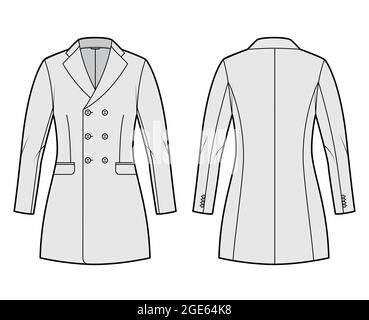Taillierte Jacke zweireihiger Anzug technische Mode-Illustration mit langen Ärmeln, gekerbtem Reverskragen, Pattentaschen, Fingerspitzenlänge. Flache Blazer-Schablone vorne, hinten, grau. Frauen, Männer CAD Stock Vektor