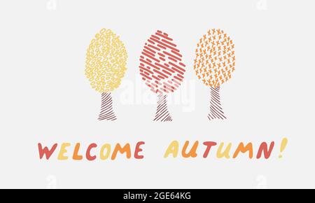 Einfache niedliche Herbst Stimmung Grußkarte Poster Vorlage. Willkommen Herbst Saison Dankeseinladungen. Minimalistische Postkarte mit Bäumen. Vektorgrafik Stock Vektor