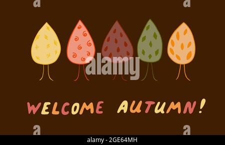 Einfache niedlich Willkommen Herbst Saison Danksagungs Einladung Vorlage. Minimalistische Postkarte mit Bäumen auf dunkelbraunem Hintergrund. Vektordarstellung in Stock Vektor
