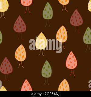 Niedliches nahtloses Muster mit Herbstbäumen auf dunkelbraunem Hintergrund. Muster für Textil, Verpackung, etc. Stock Vektor