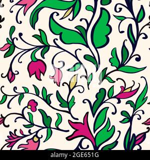 Nahtloses, handgezeichnetes Blumenmuster in lebendigen Farben, das sich horizontal und vertikal wiederholt. Verwenden Sie für Modedesign, Heimtextilien & Tapeten. Stockfoto